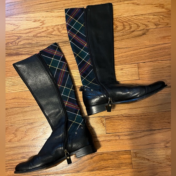 BURBERRY Vintage Black Leather & Classic Plaid Fabric Back Zip Up Boots 35.5 - Picture 2 of 7